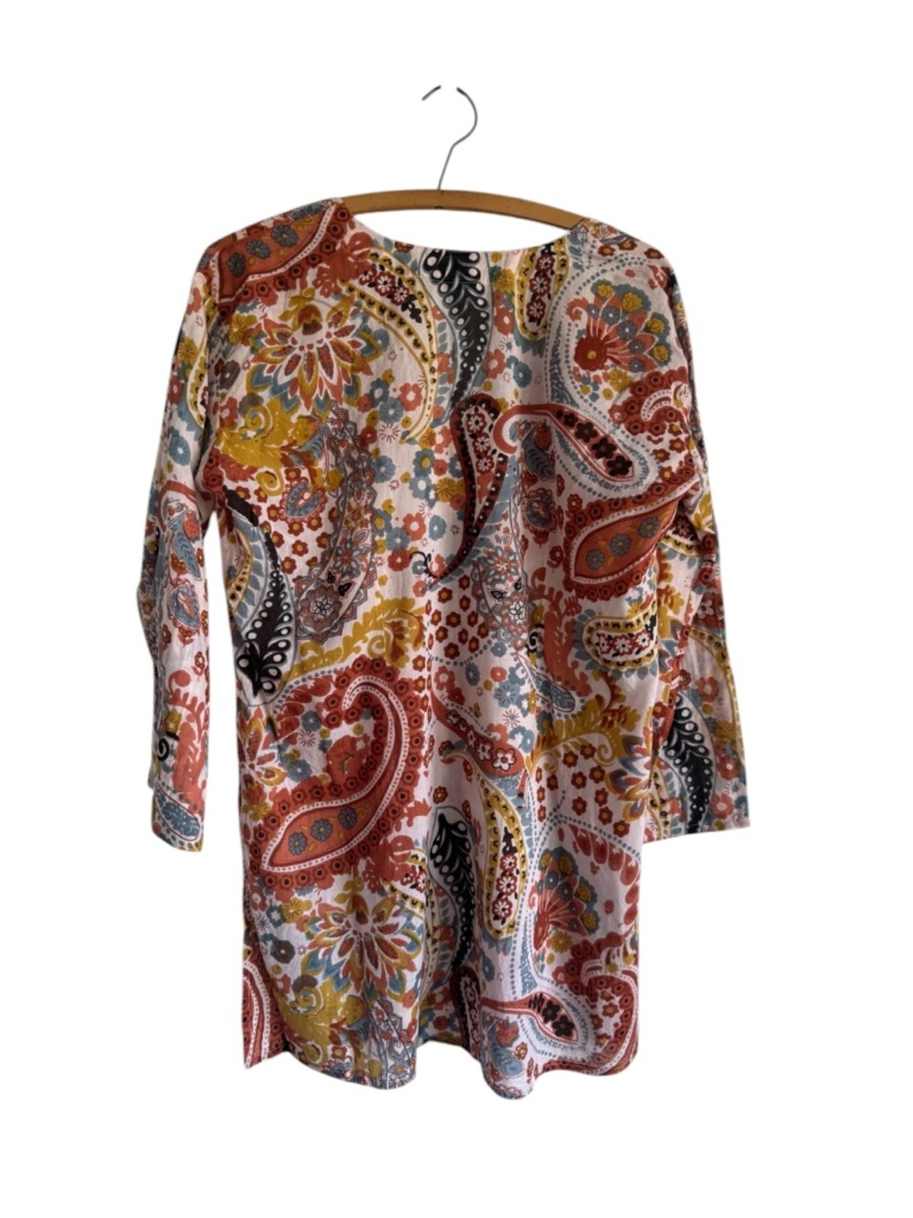 Lightweight Cotton Block Print Tunic Split Hem V Neck Paisley Print Earth Tones - Picture 3 of 9